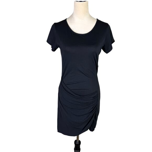 Theory Sunly Black Short Sleeve Shirred Gathered Mini T-shirt Slim Fit Dress - Picture 4 of 14